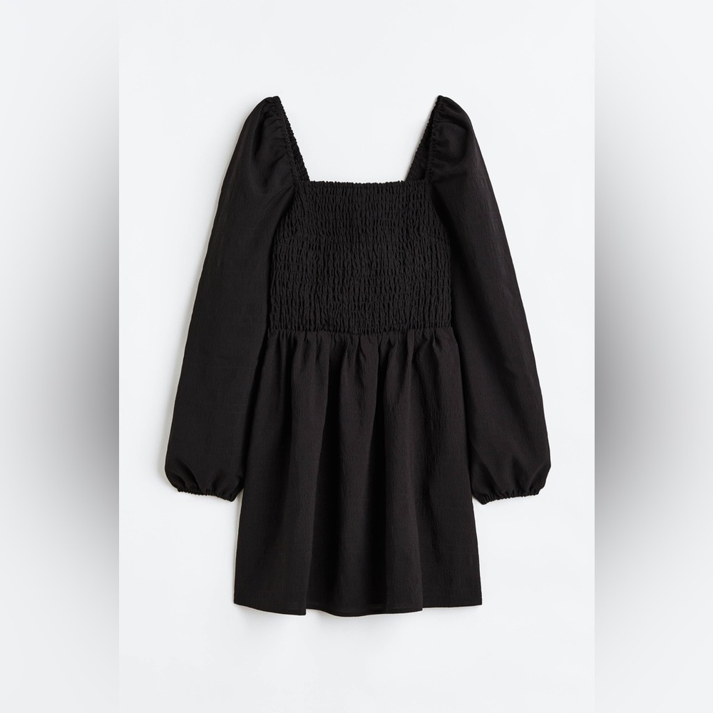 H&M Black Long Sleeve Crepe Smocking-detail Dress